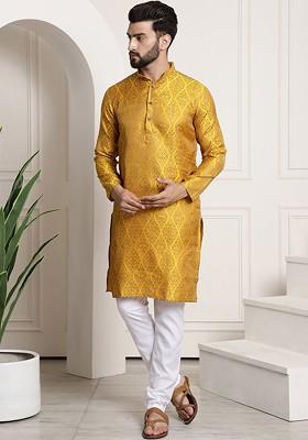 Mustard Woven Poly Blend Kurta Set For Men