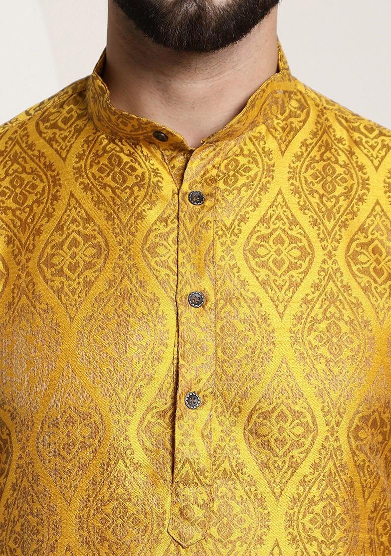 Mustard Woven Poly Blend Kurta Set For Men