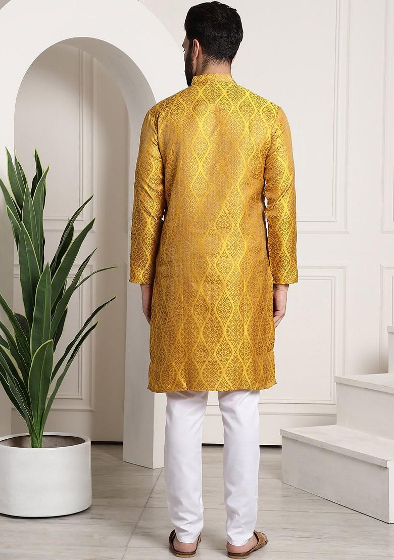Mustard Woven Poly Blend Kurta Set For Men