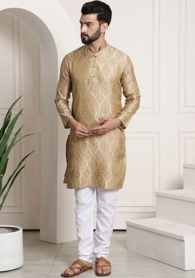 Beige Woven Poly Blend Kurta Set For Men