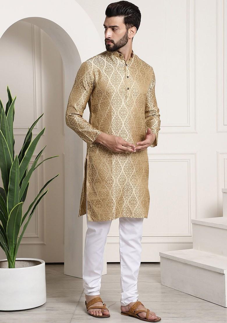 Beige Woven Poly Blend Kurta Set For Men