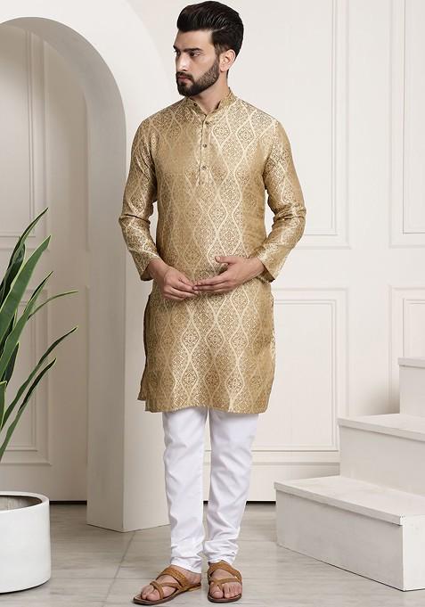 Beige Woven Poly Blend Kurta Set For Men — view on Indya