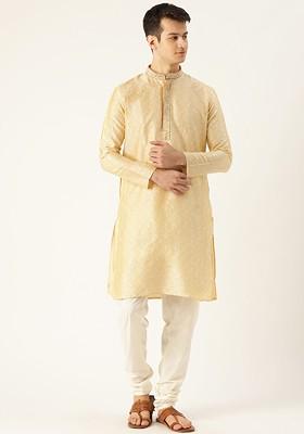 Beige Solid Poly Blend Kurta Set For Men