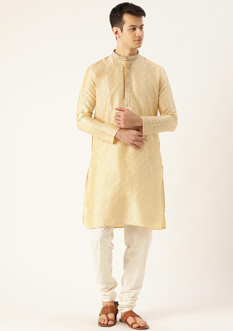 Beige Solid Poly Blend Kurta Set For Men