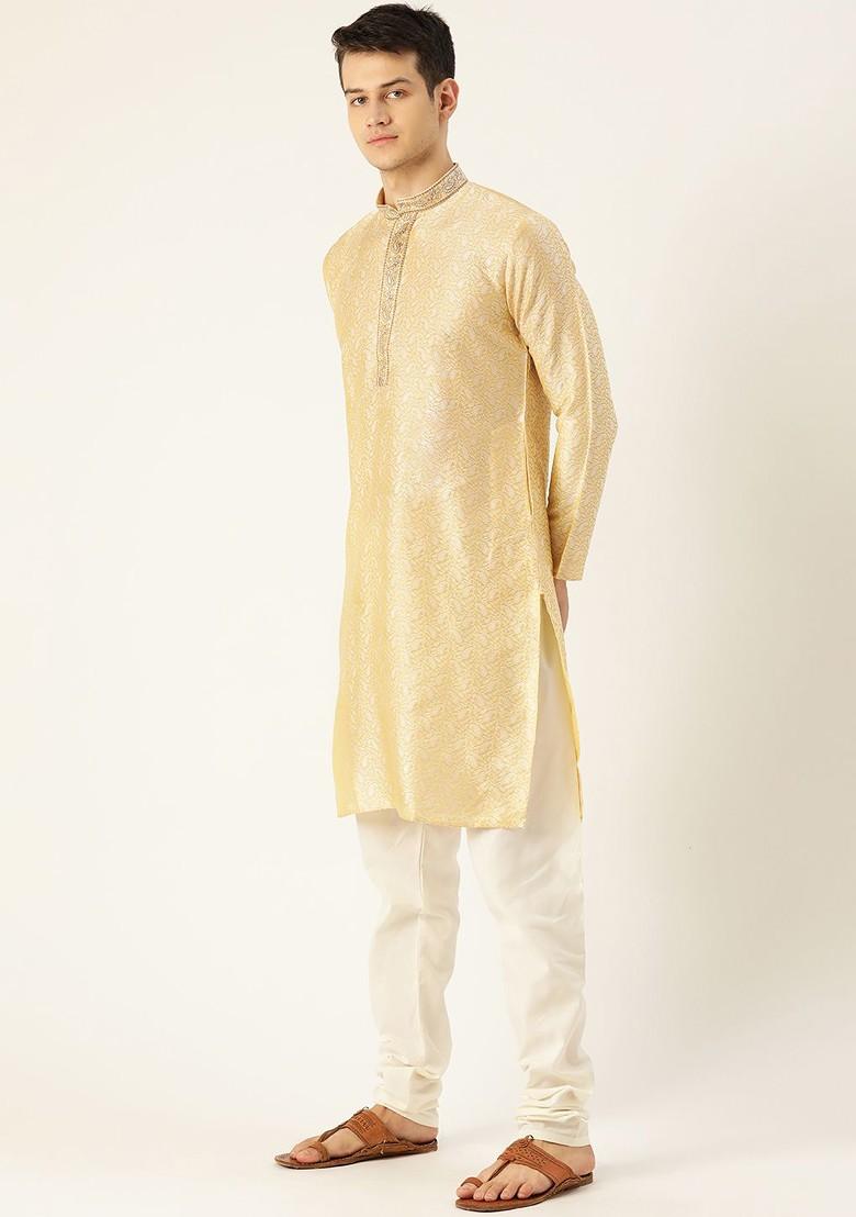 Beige Solid Poly Blend Kurta Set For Men