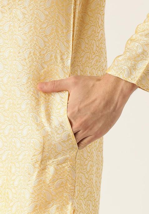 Beige Solid Poly Blend Kurta Set For Men