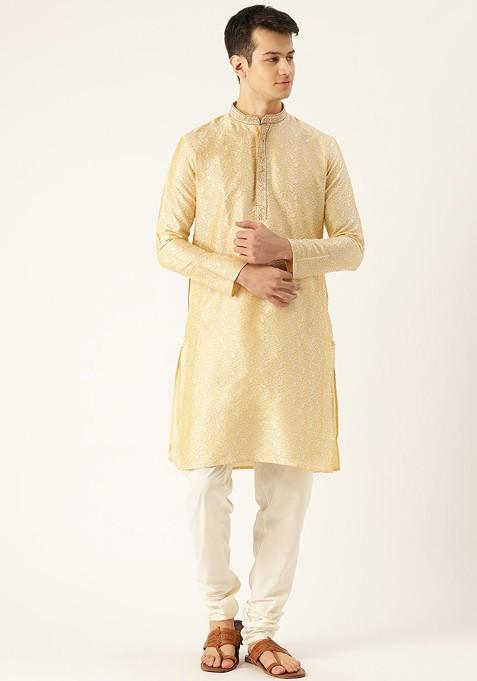 Beige Solid Poly Blend Kurta Set For Men