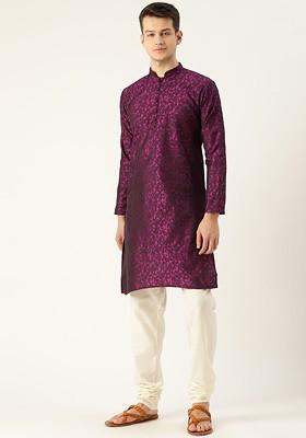 Magenta Woven Poly Blend Kurta Set For Men