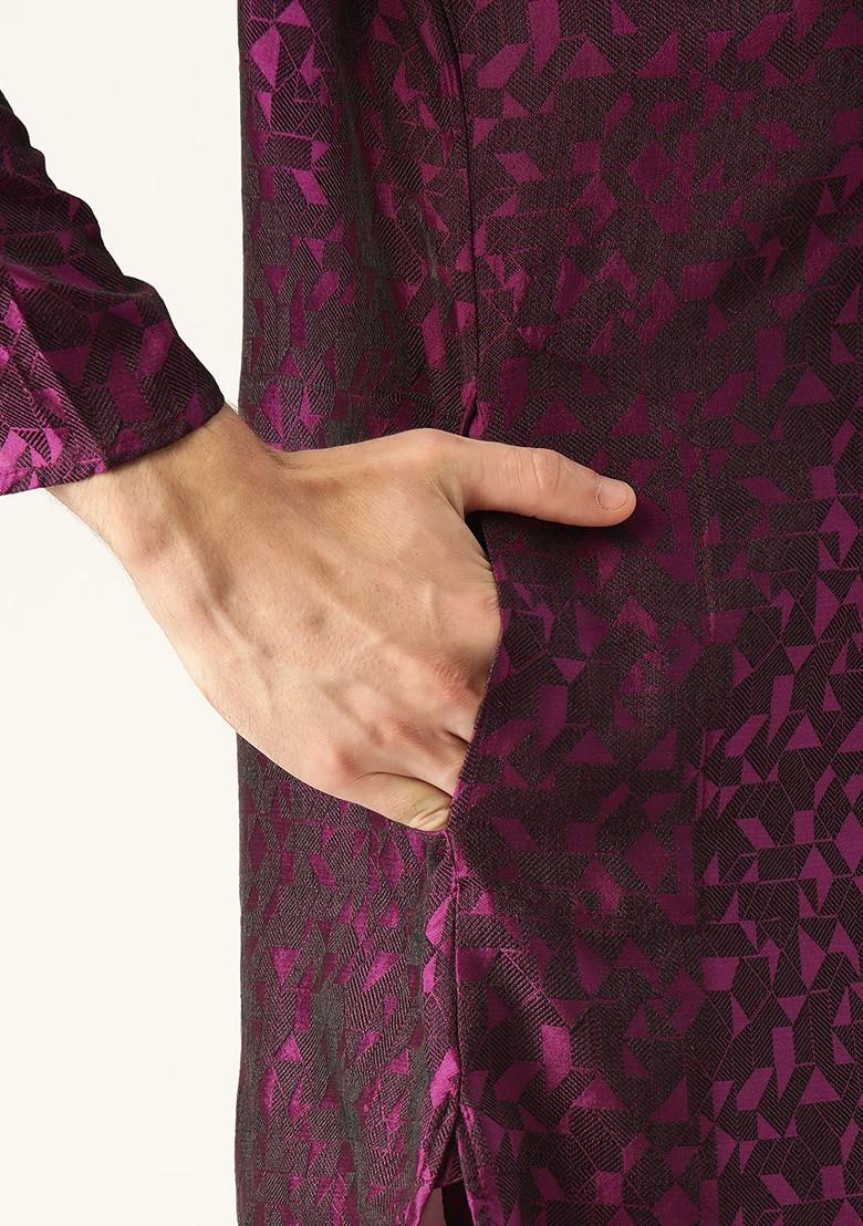 Magenta Woven Poly Blend Kurta Set For Men