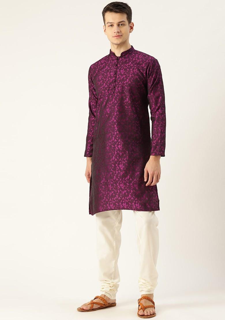 Magenta Woven Poly Blend Kurta Set For Men