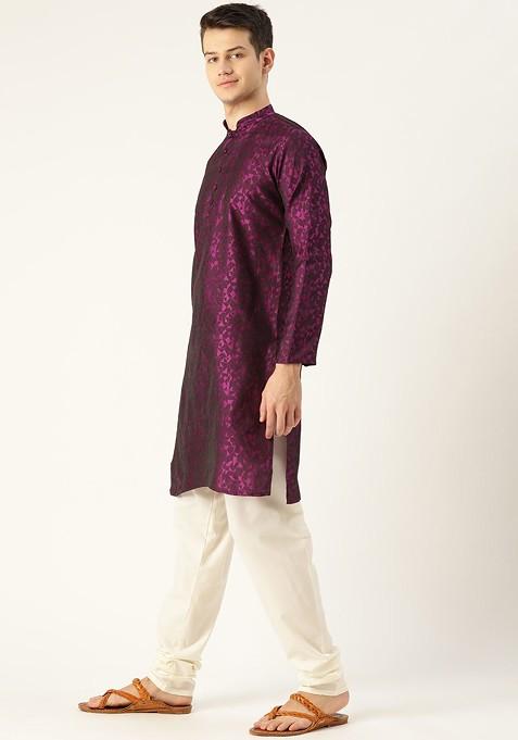 Magenta Woven Poly Blend Kurta Set For Men