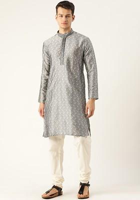 Charcoal Grey Solid Poly Blend Kurta Set For Men