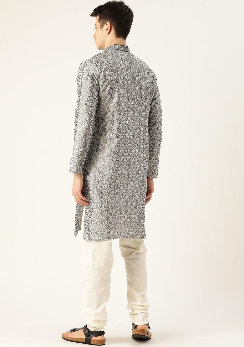 Charcoal Grey Solid Poly Blend Kurta Set For Men