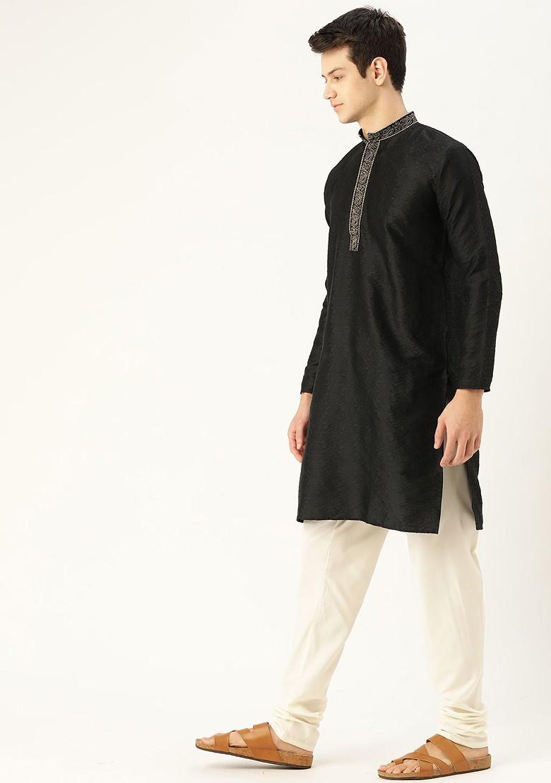 Black Solid Poly Blend Kurta Set For Men
