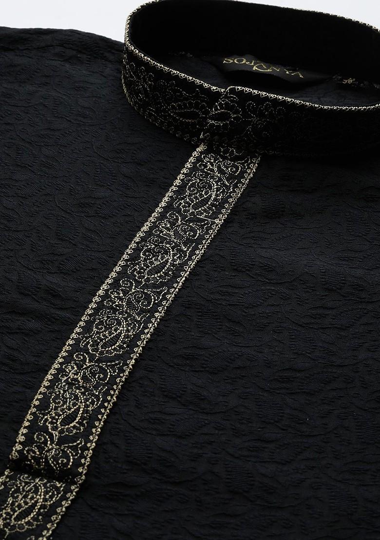 Black Solid Poly Blend Kurta Set For Men