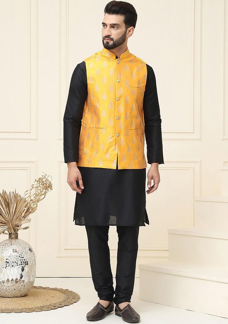 Black Woven Poly Blend Kurta Set For Men