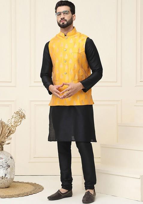 Black Woven Poly Blend Kurta Set For Men