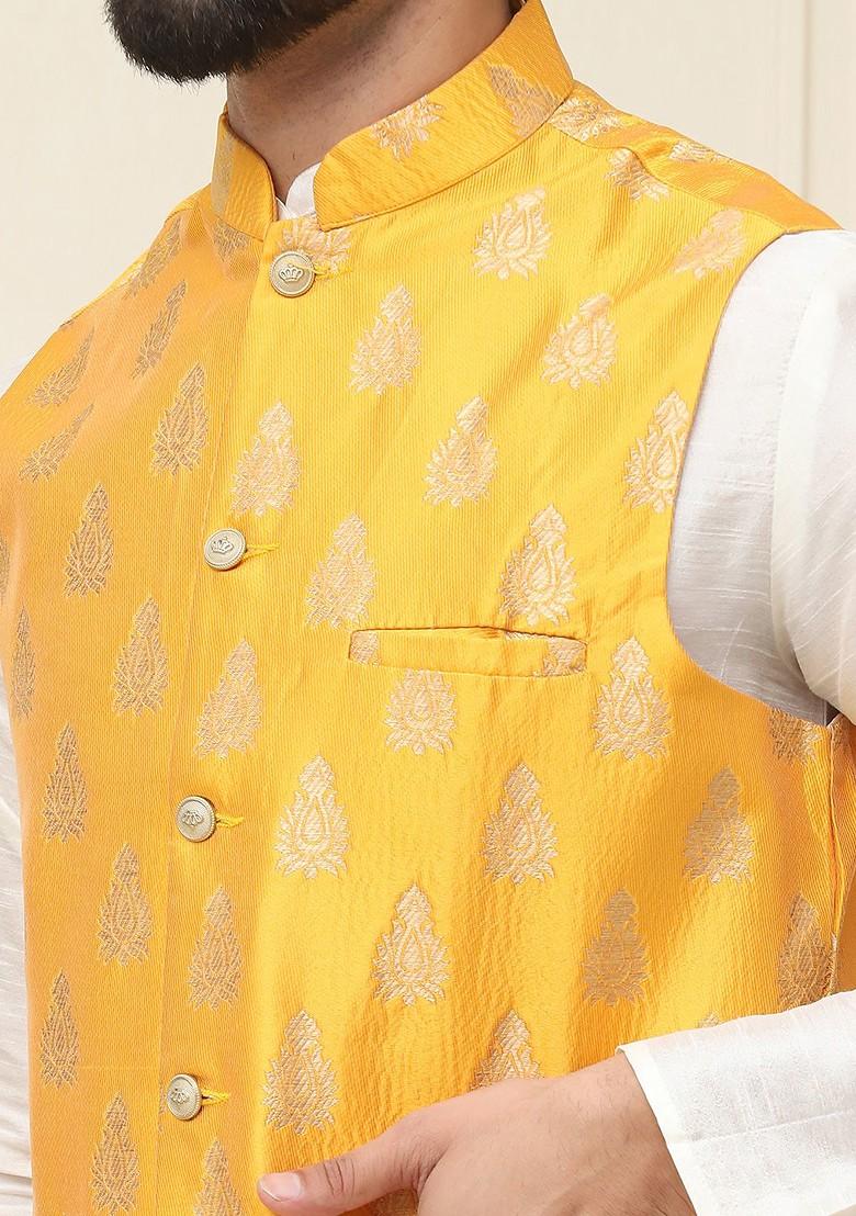 Off White Woven Poly Blend Kurta Set For Men