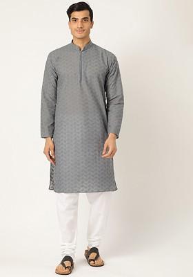 Charcoal Grey Embroidered Poly Blend Kurta Set For Men