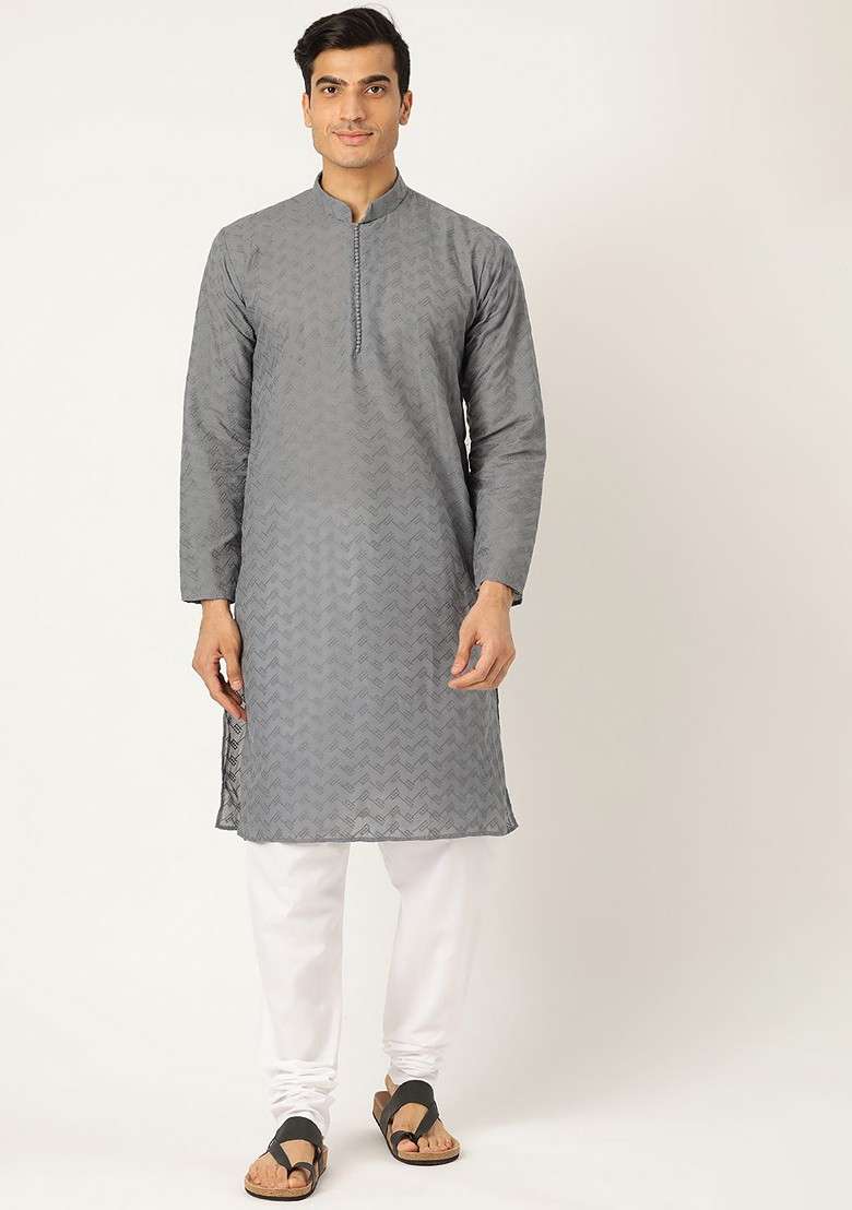 Charcoal Grey Embroidered Poly Blend Kurta Set For Men - Indya