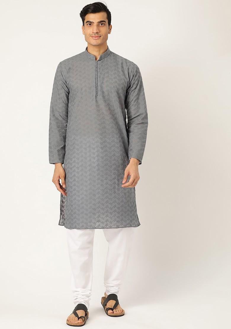 Charcoal Grey Embroidered Poly Blend Kurta Set For Men