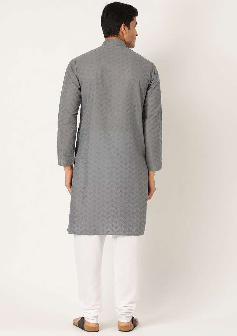 Charcoal Grey Embroidered Poly Blend Kurta Set For Men - Indya