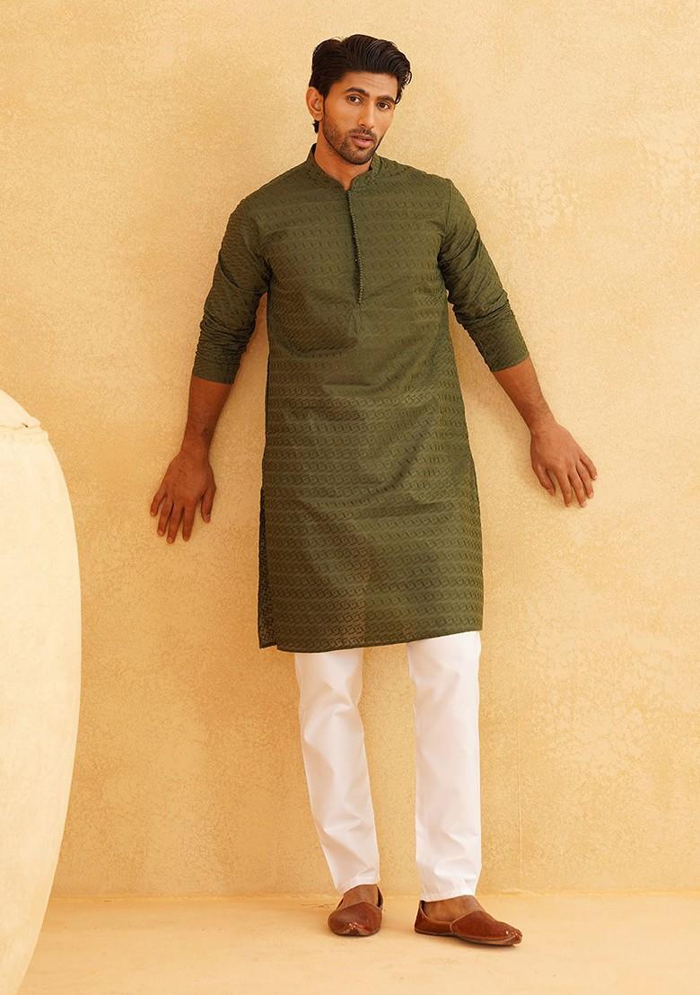 Green Embroidered Poly Blend Kurta Set For Men