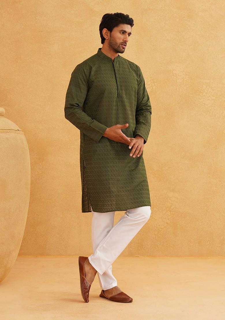 Green Embroidered Poly Blend Kurta Set For Men
