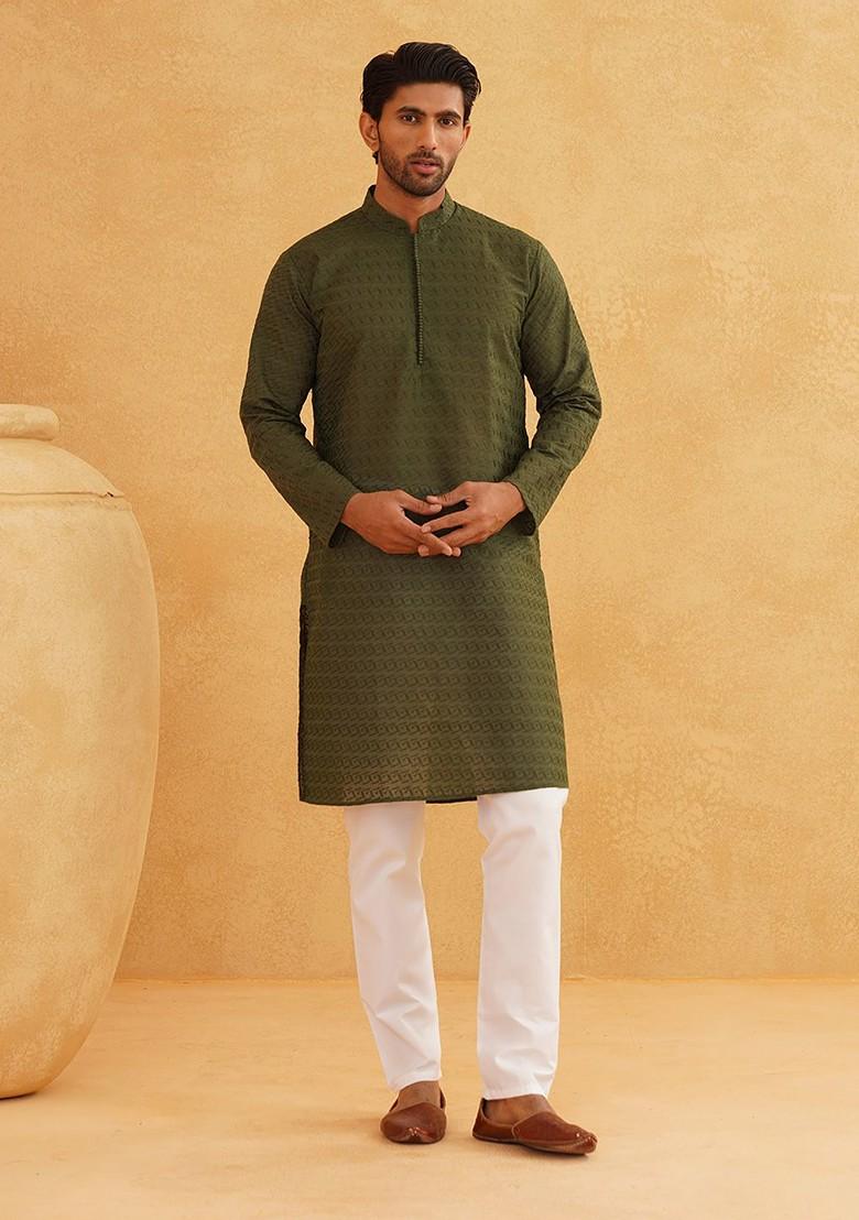 Green Embroidered Poly Blend Kurta Set For Men
