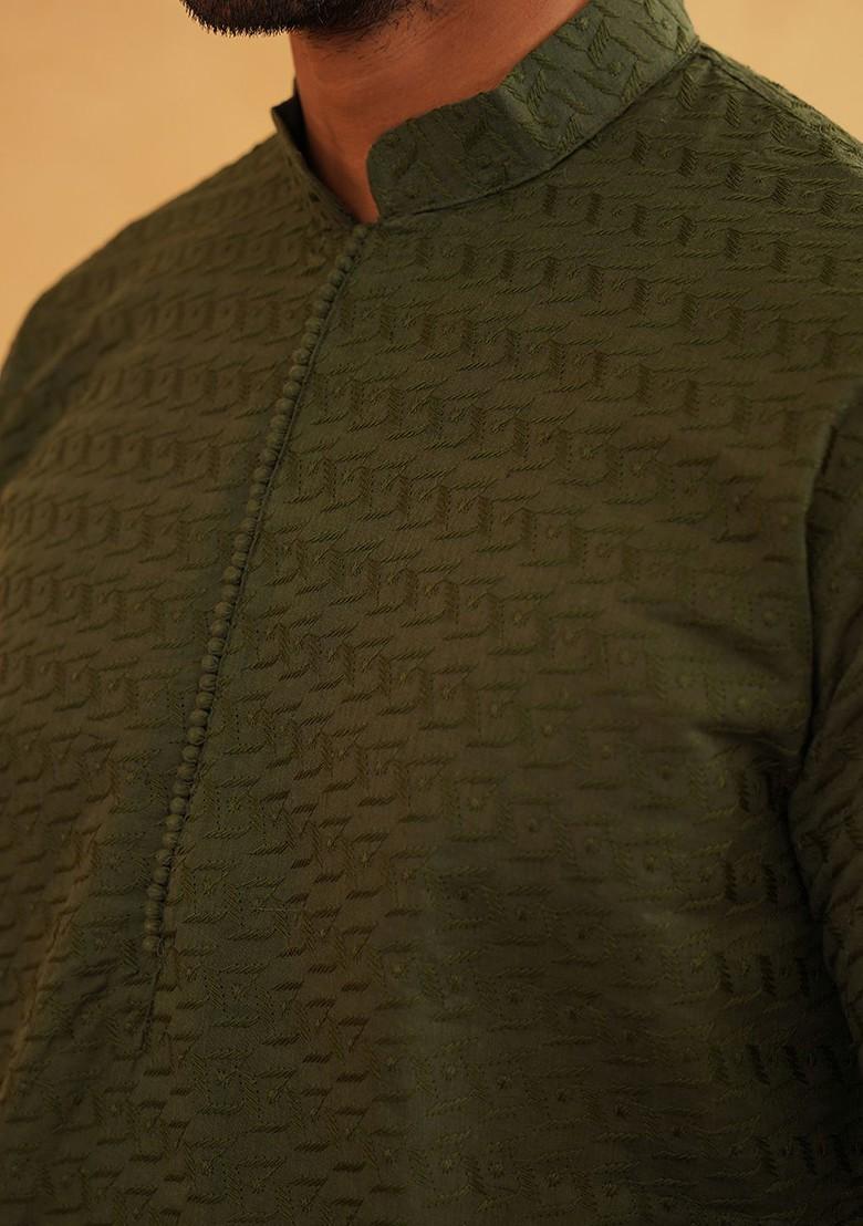 Green Embroidered Poly Blend Kurta Set For Men