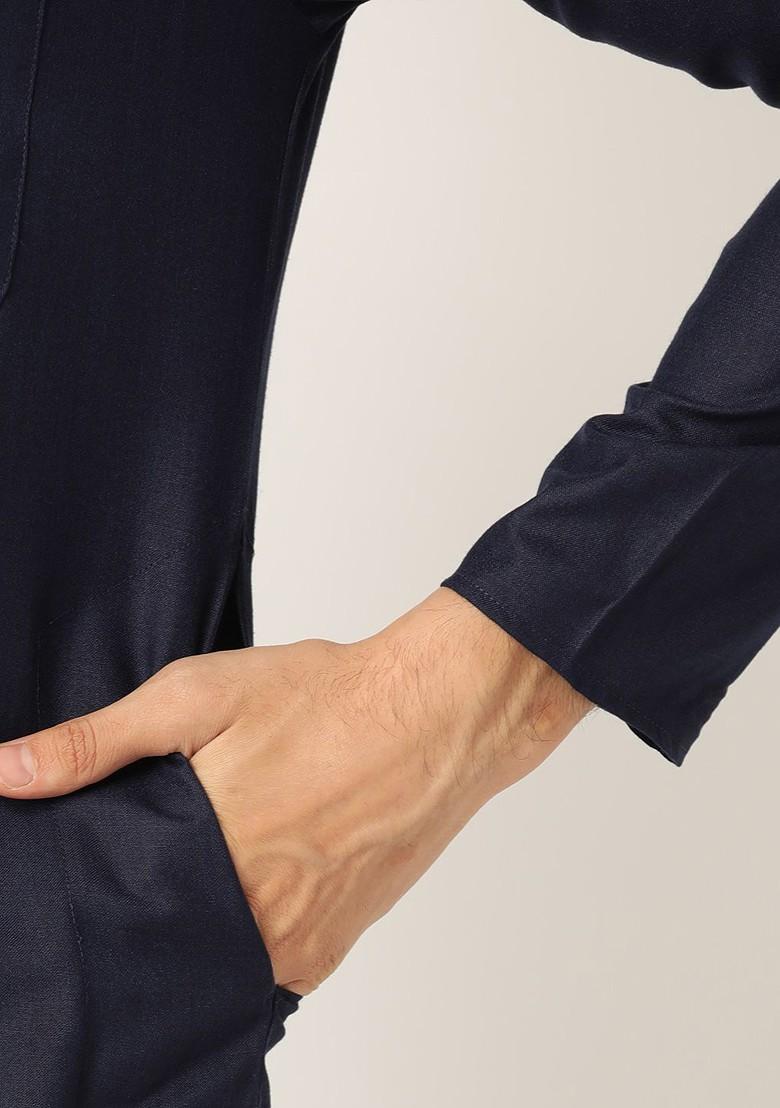 Navy Blue Solid Poly Blend Kurta Set For Men