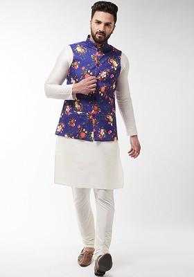 Off White Printed Poly Blend Kurta Set For Men