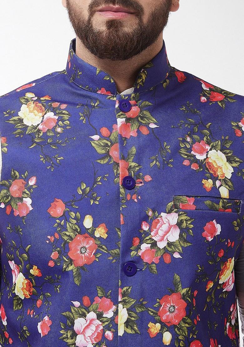 Off White Printed Poly Blend Kurta Set For Men