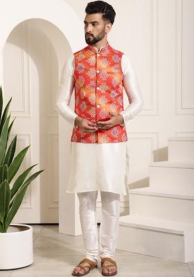 Off White Printed Poly Blend Kurta Set For Men