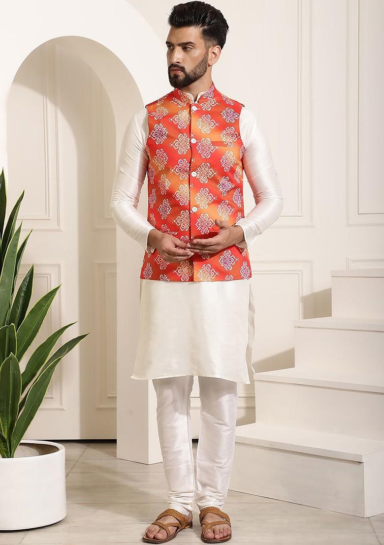 Off White Printed Poly Blend Kurta Set For Men