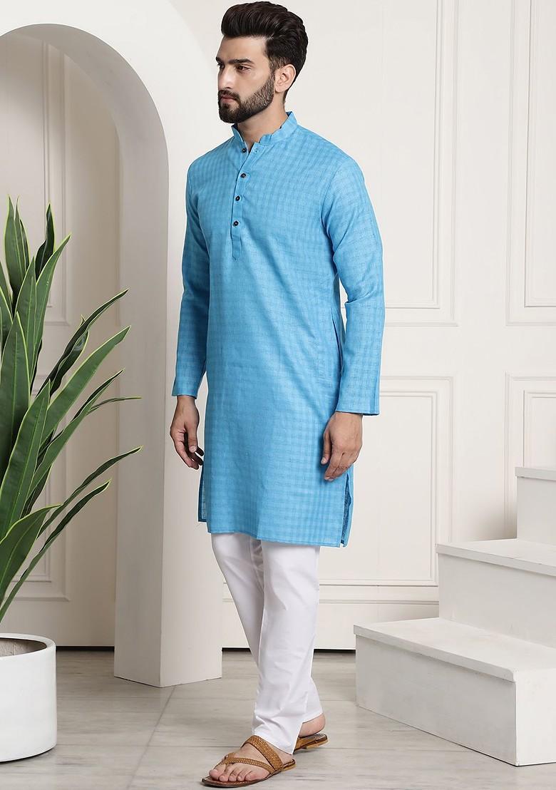 Blue Woven Poly Blend Kurta Set For Men