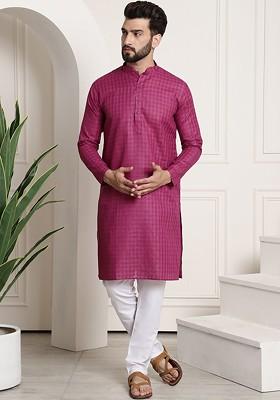 Magenta Woven Poly Blend Kurta Set For Men