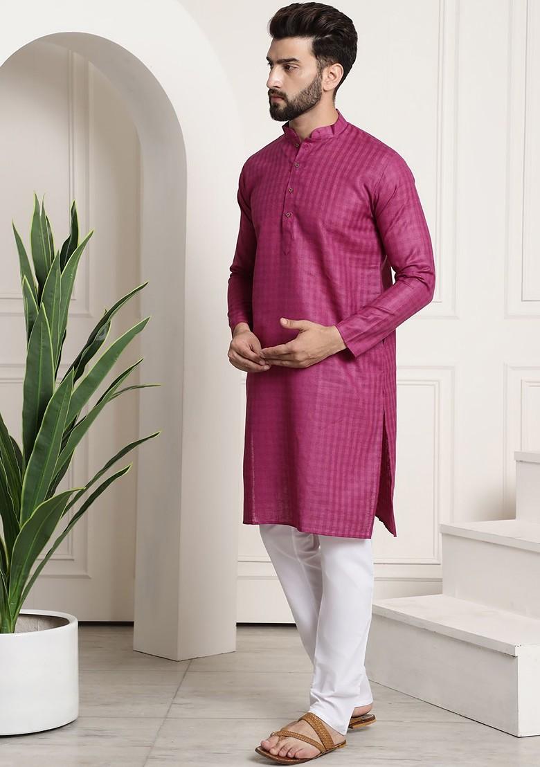 Magenta Woven Poly Blend Kurta Set For Men