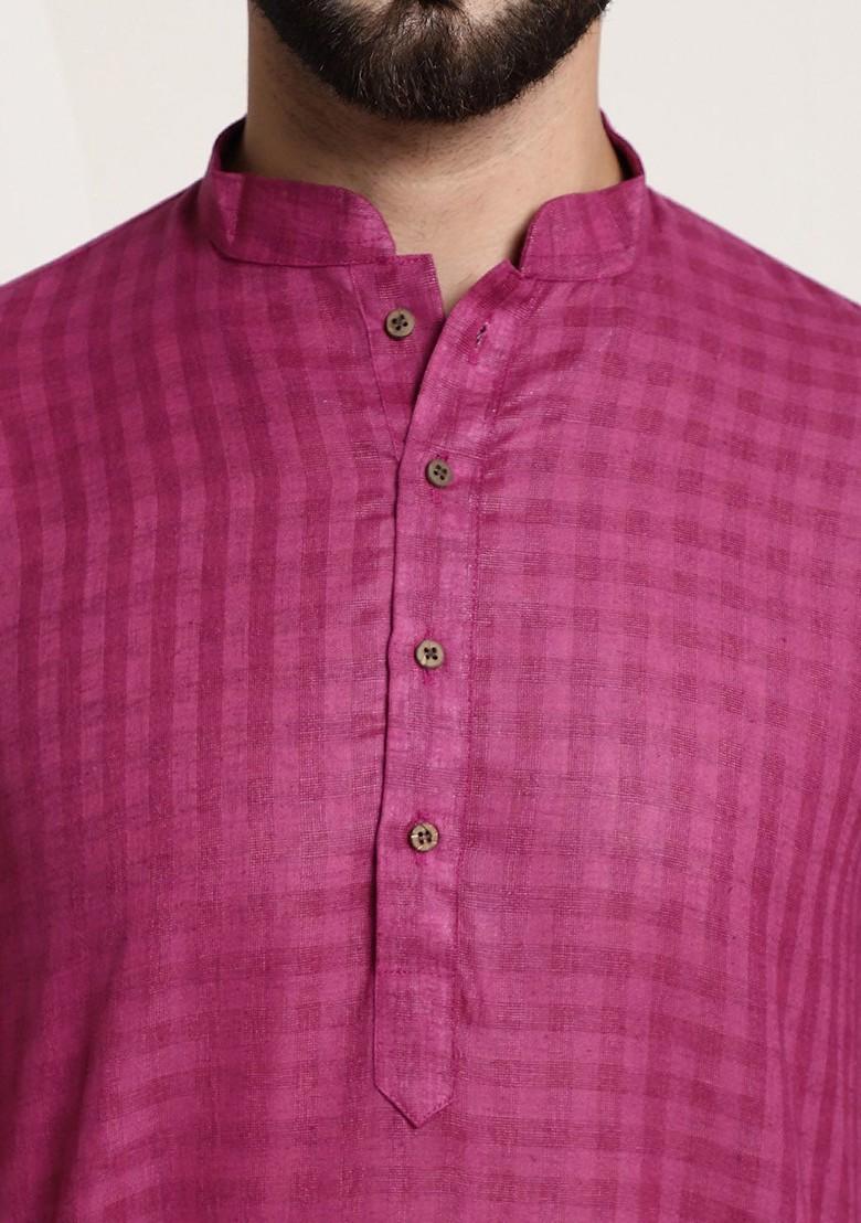 Magenta Woven Poly Blend Kurta Set For Men