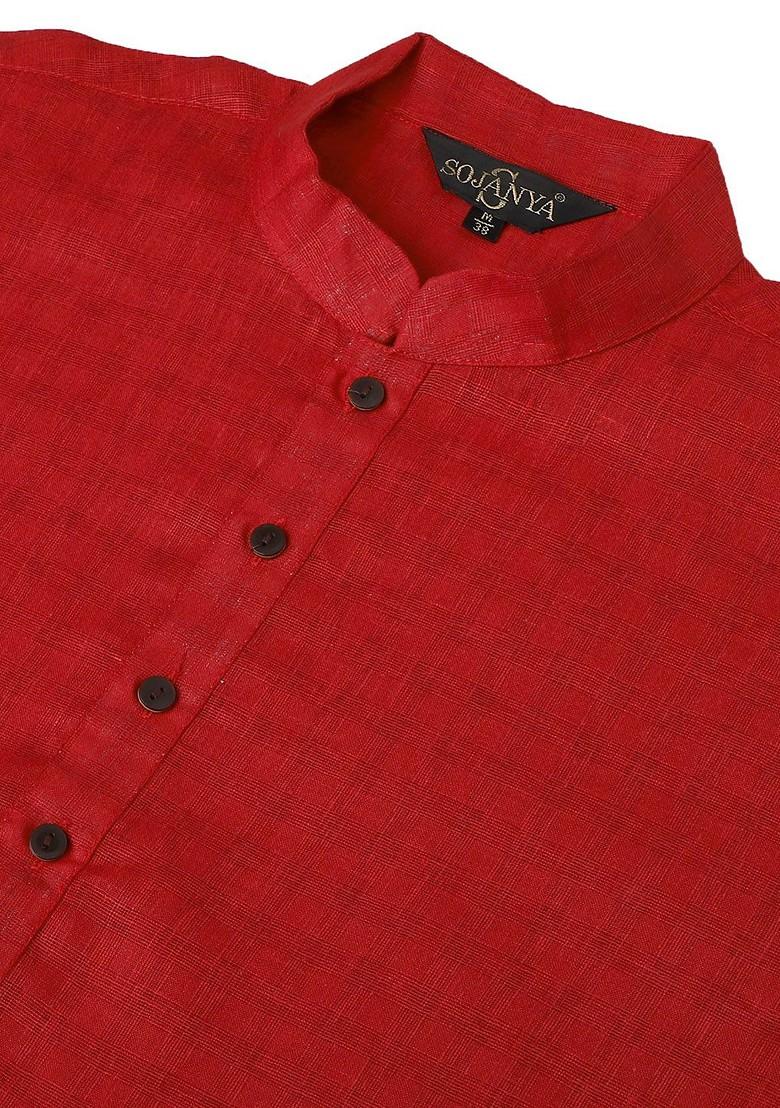 Red Woven Poly Blend Kurta Set For Men