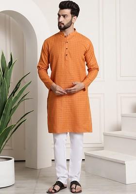 Orange Woven Poly Blend Kurta Set For Men