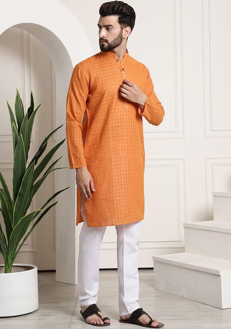 Orange Woven Poly Blend Kurta Set For Men