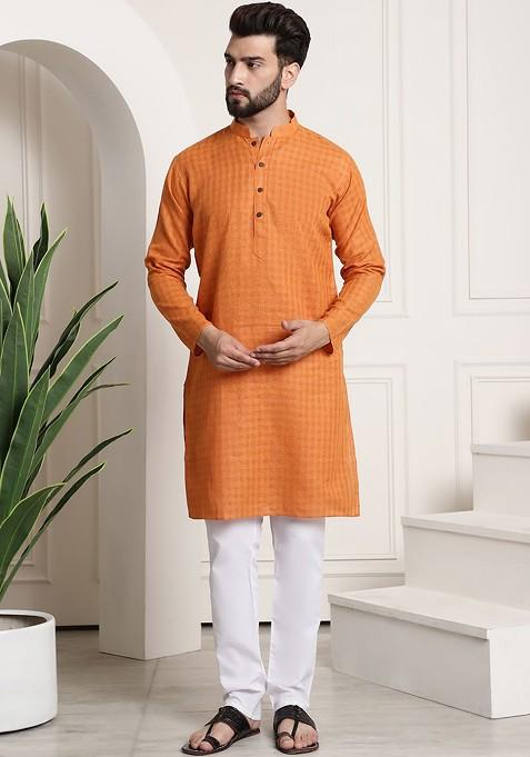 Orange Woven Poly Blend Kurta Set For Men — view on Indya