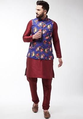 Maroon Printed Poly Blend Kurta Set For Men