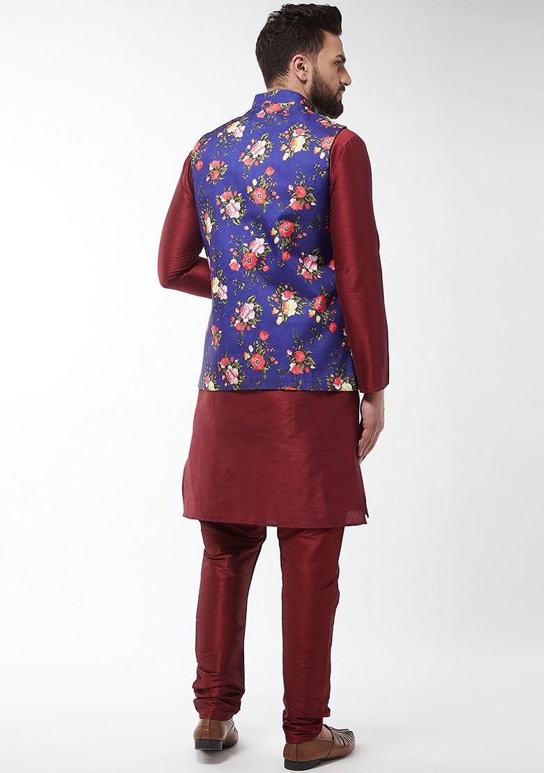 Maroon Printed Poly Blend Kurta Set For Men