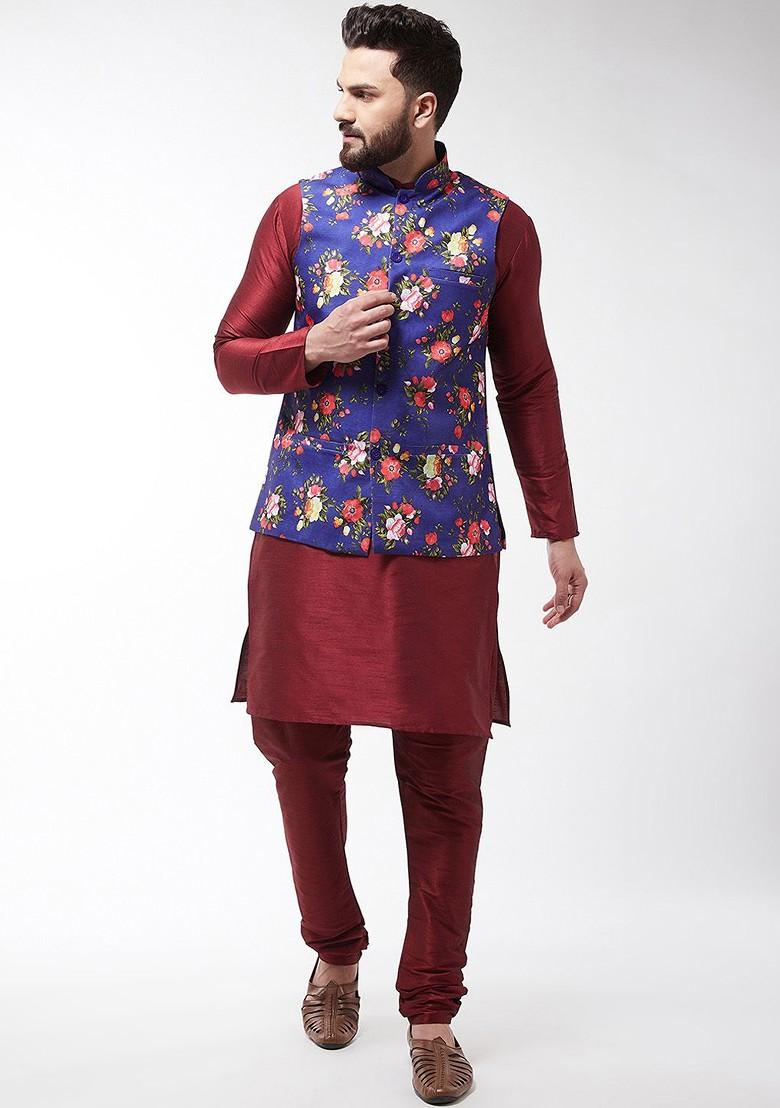 Maroon Printed Poly Blend Kurta Set For Men