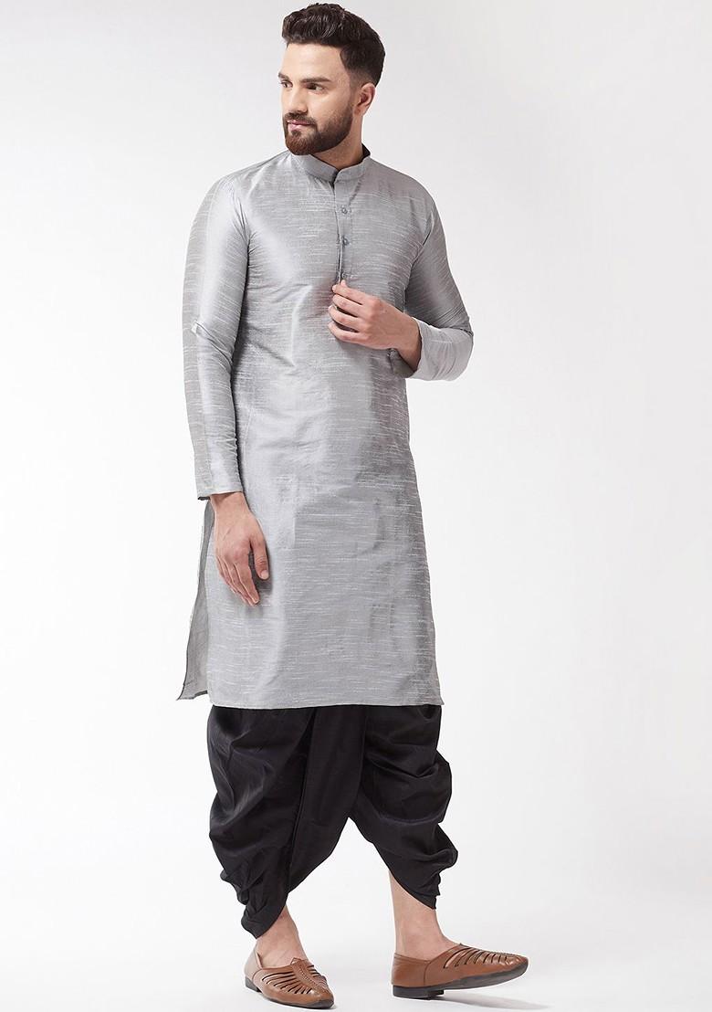 Grey Solid Poly Blend Kurta Set For Men