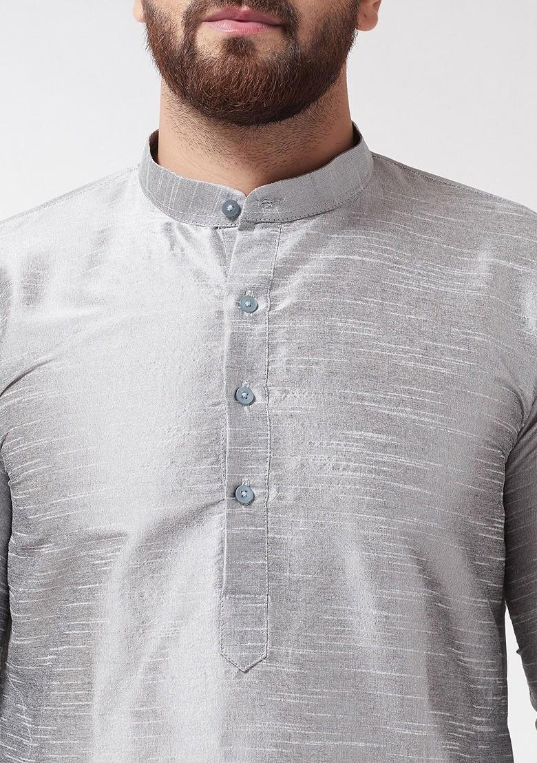 Grey Solid Poly Blend Kurta Set For Men