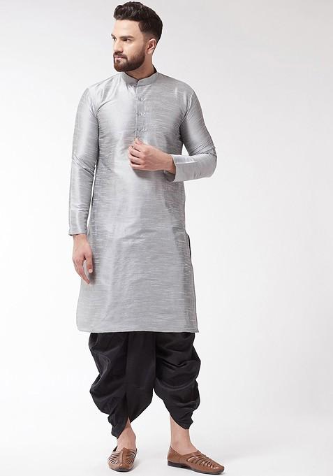 Grey Solid Poly Blend Kurta Set For Men