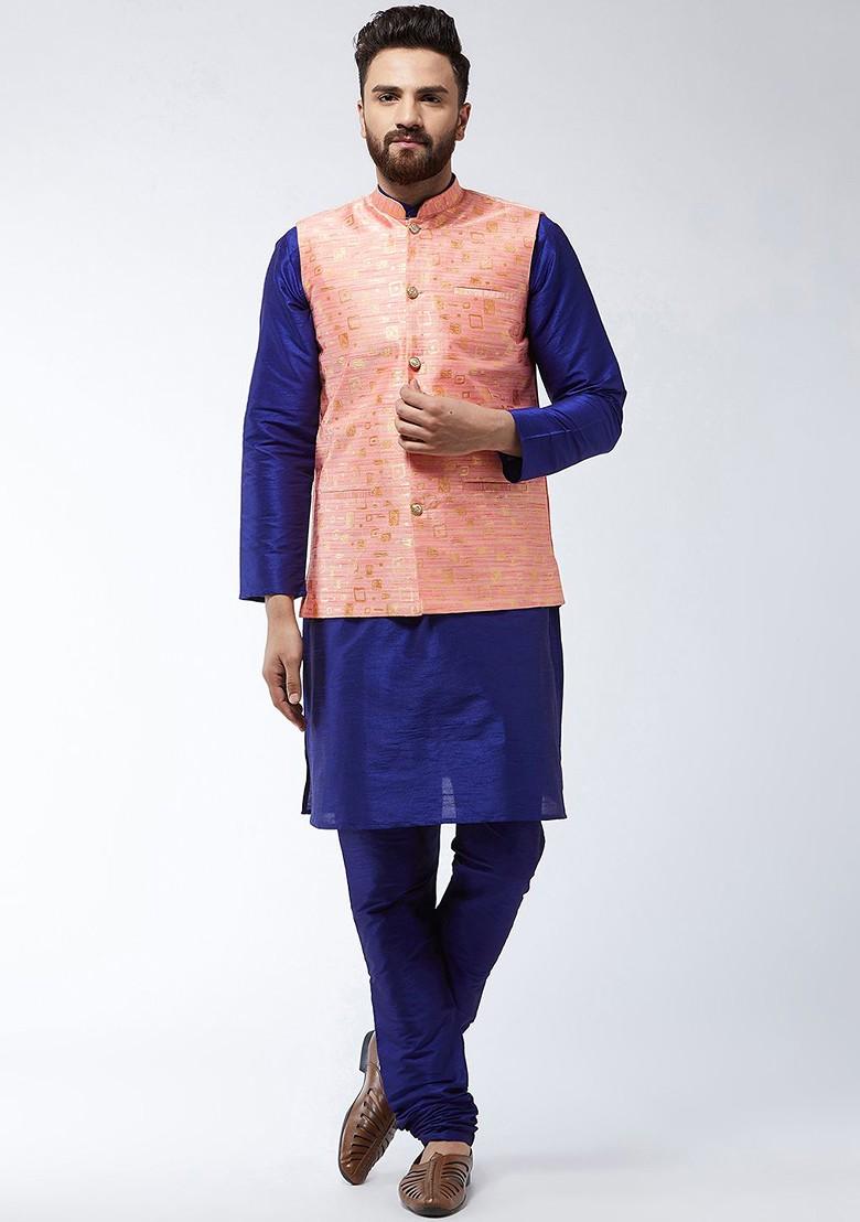 Blue Solid Poly Blend Kurta Set For Men